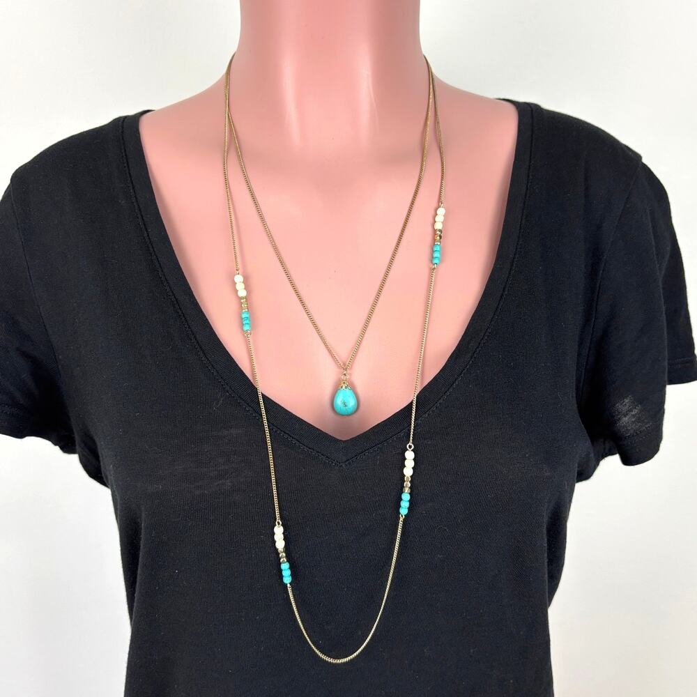 Gold Tone and Turquoise Necklace beads pendant 2-strand long statement